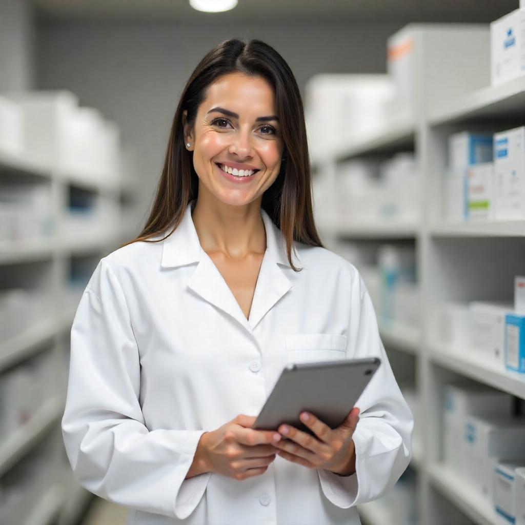 Farmacéutica profesional en una droguería moderna y organizada, representando el cumplimiento de los requisitos para abrir un negocio farmacéutico en Colombia